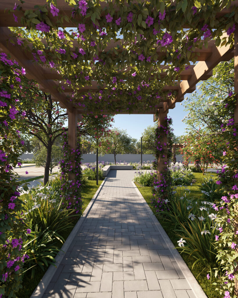 Perspectiva da trilha florida na área de lazer do Vila Real Exclusive.